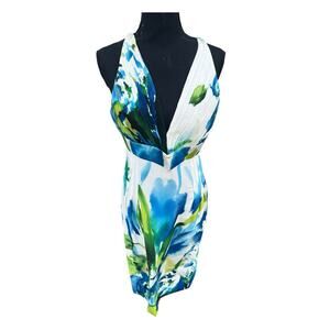 Vtg Roberto Cavalli Blue Green Watercolor Crepe Bodice Silk Mini Dress Size 44